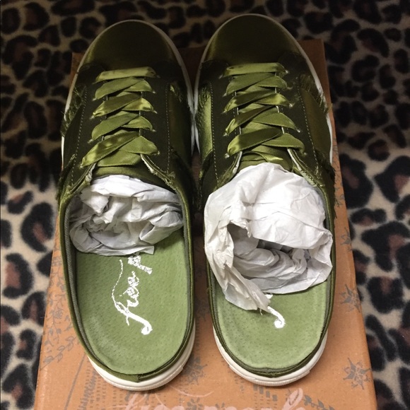 Free People Shoes - Free People satin khaki Naples slip on tennis